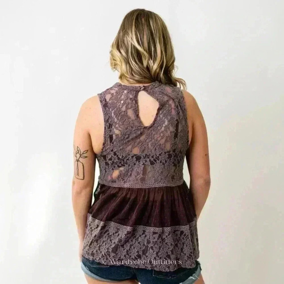 Free People Plum Sheer Needle Lace Sleeveless Tank Blouse - Picture 3 of 6
